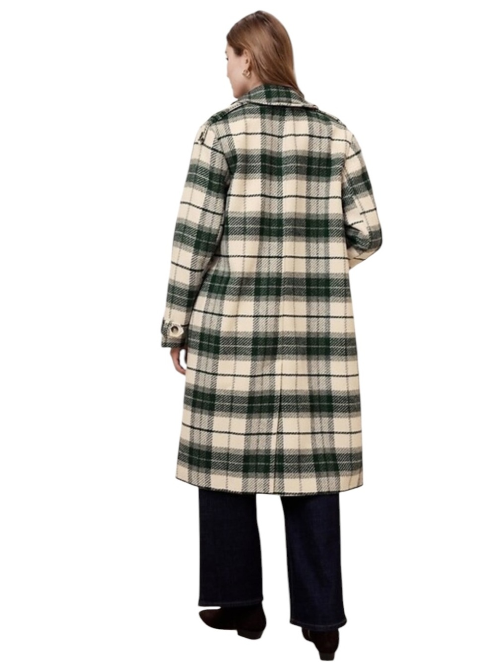 Banana Republic Women’s Plaid Long Wool Blend Coat Green Ivory Check Coat Large - Picture 7 of 7
